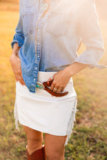 Load image into Gallery viewer, SHORT FRINGE SKIRT: LEATHER
